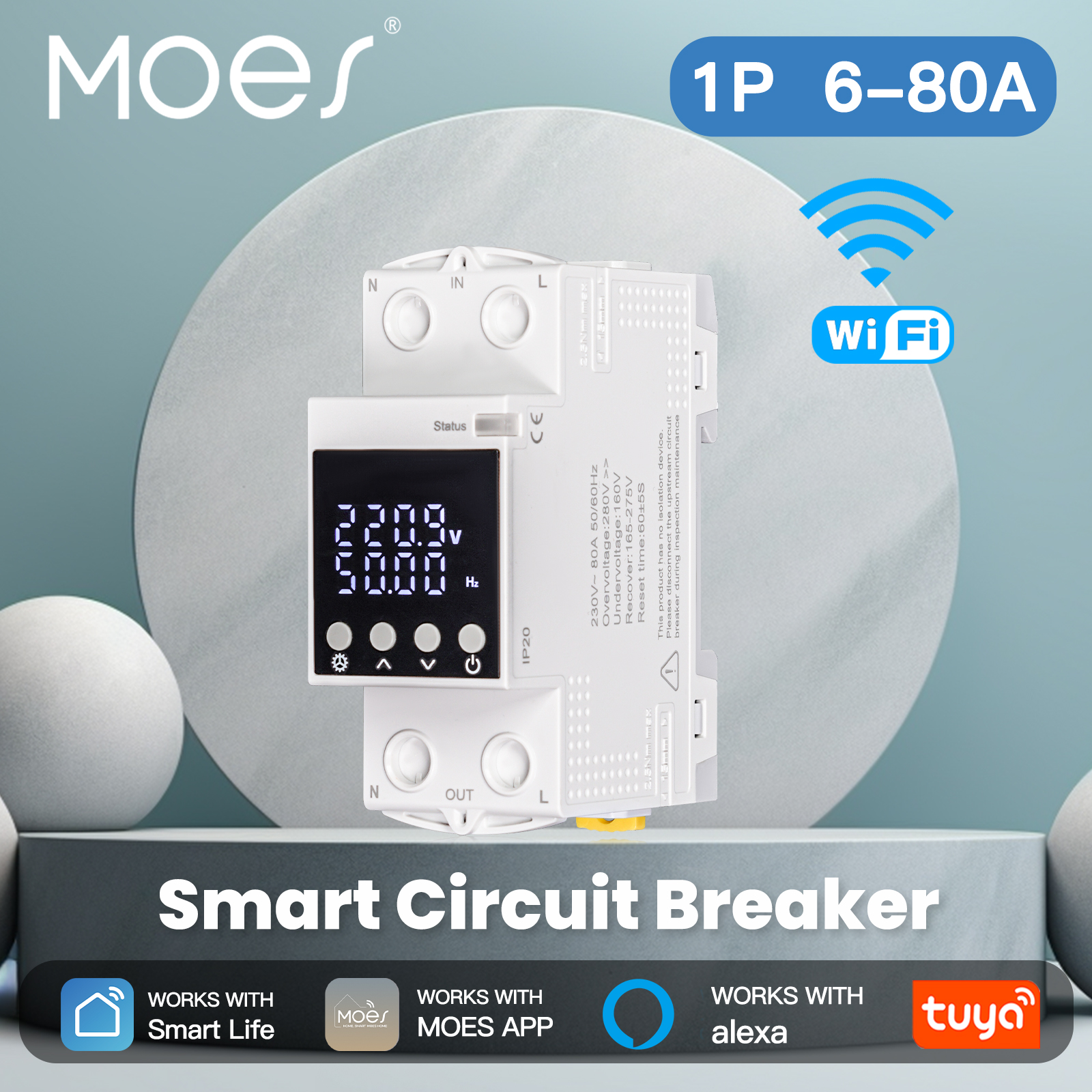 MOES WiFi Tuya スマートサーキットブレーカー 80A アラームしきい値セット電気モニター V0 耐火性難燃性アプリ制御 Alexa 付き