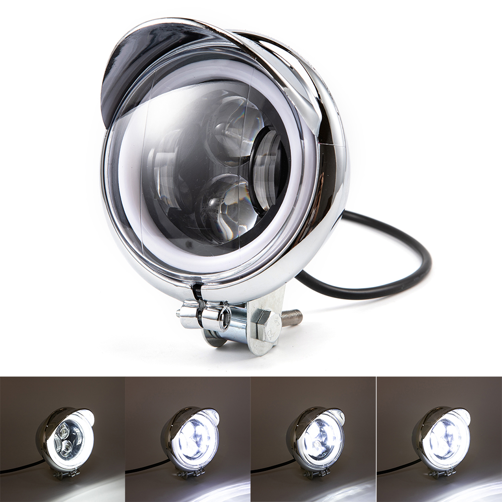 クロームオートバイユニバーサルエンジェルアイ 12 ボルト LED ヘッドライト駆動フォグランプヘッドランプスポットライトカフェレーサーオールドスクールツーリング
