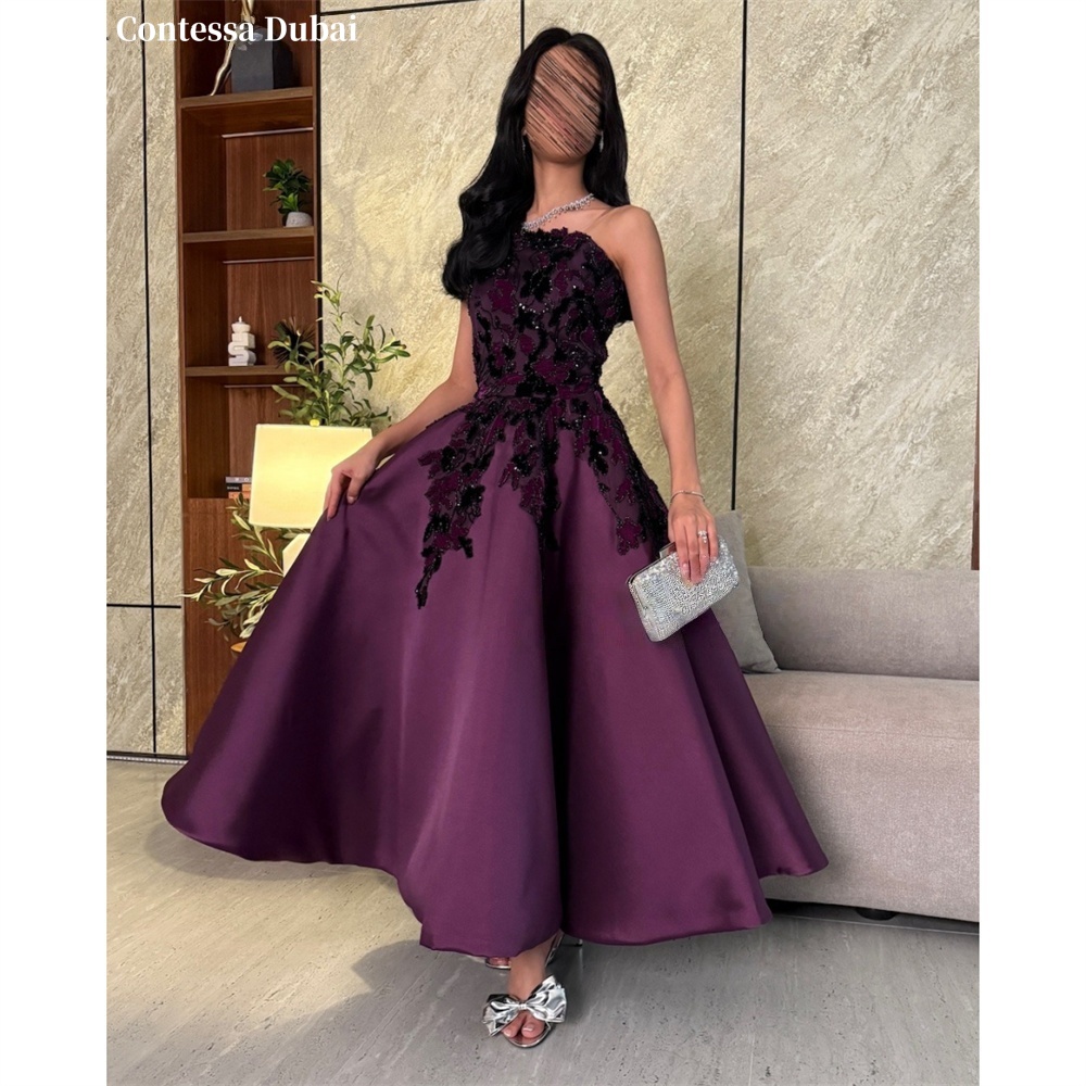 Contessa カスタムアップリケ A ラインイブニングドレスレースアップストラップレスウエディングドレスサテン Vestidos De Noche 高級フォーマルイブニング 2026