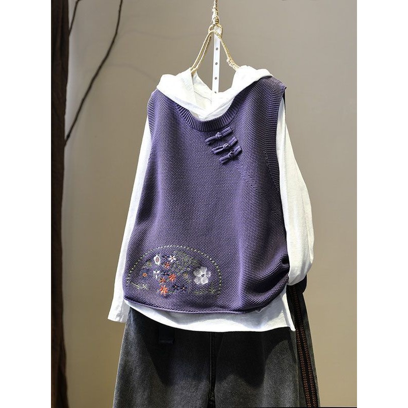 ヴィンテージ刺繍ボタンニットベストノースリーブコート婦人服トレンドトップス O ネックデザイン原宿タンクトップチョッキ