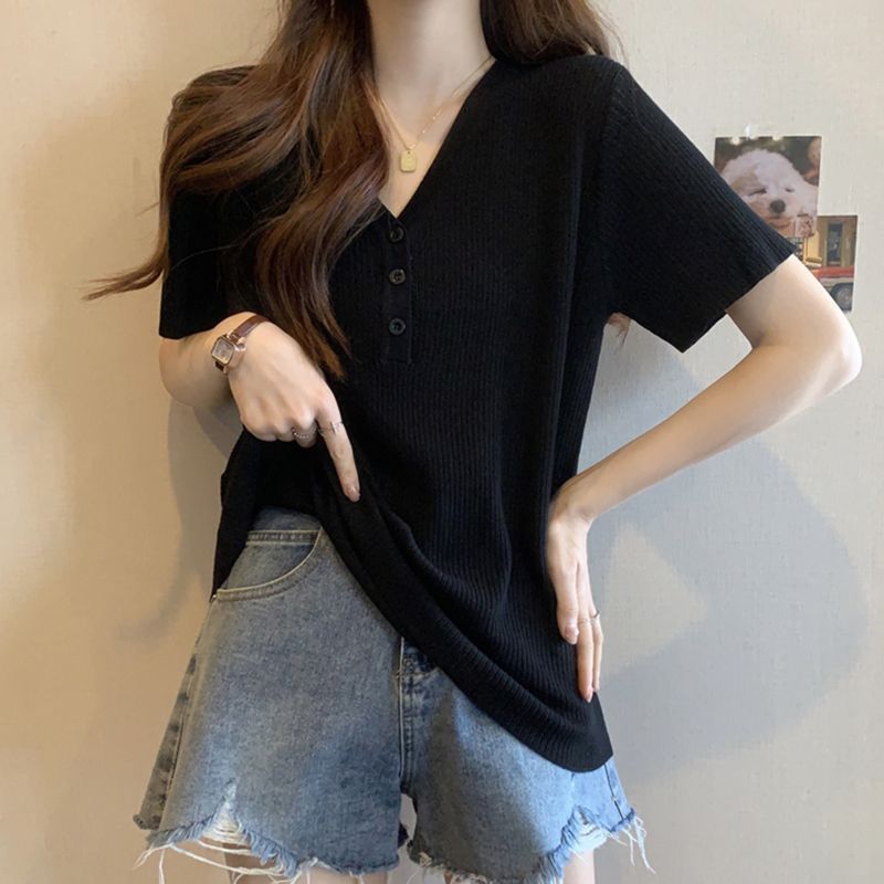 夏プラスサイズの女性の新着ソリッドカラールーズ痩身隠す肉 V ネック快適な半袖 Tシャツ