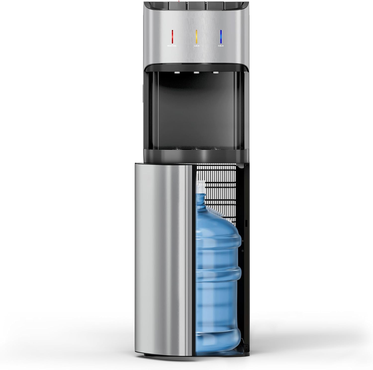 3～5ガロンボトル用ボトムローディングウォータークーラーディスペンサー、3つの温度設定: 温水、冷水、室内水、チャイルドセーフティロック付き、家庭やオフィスでの使用に最適、サテンシルバー