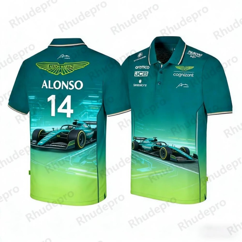 アストンマーティン チーム アロンソ 14 F1 レーシング テーマ ポロシャツ カジュアル スポーツウェア レーシング ファン デイリー