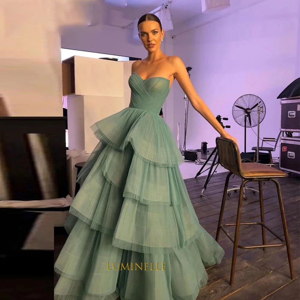 Green Evening Dresses A-line Tulle Women Prom Dress Princess Tiered Pleat Sweetheart Formal فساتين مناسبة رسمية Customized