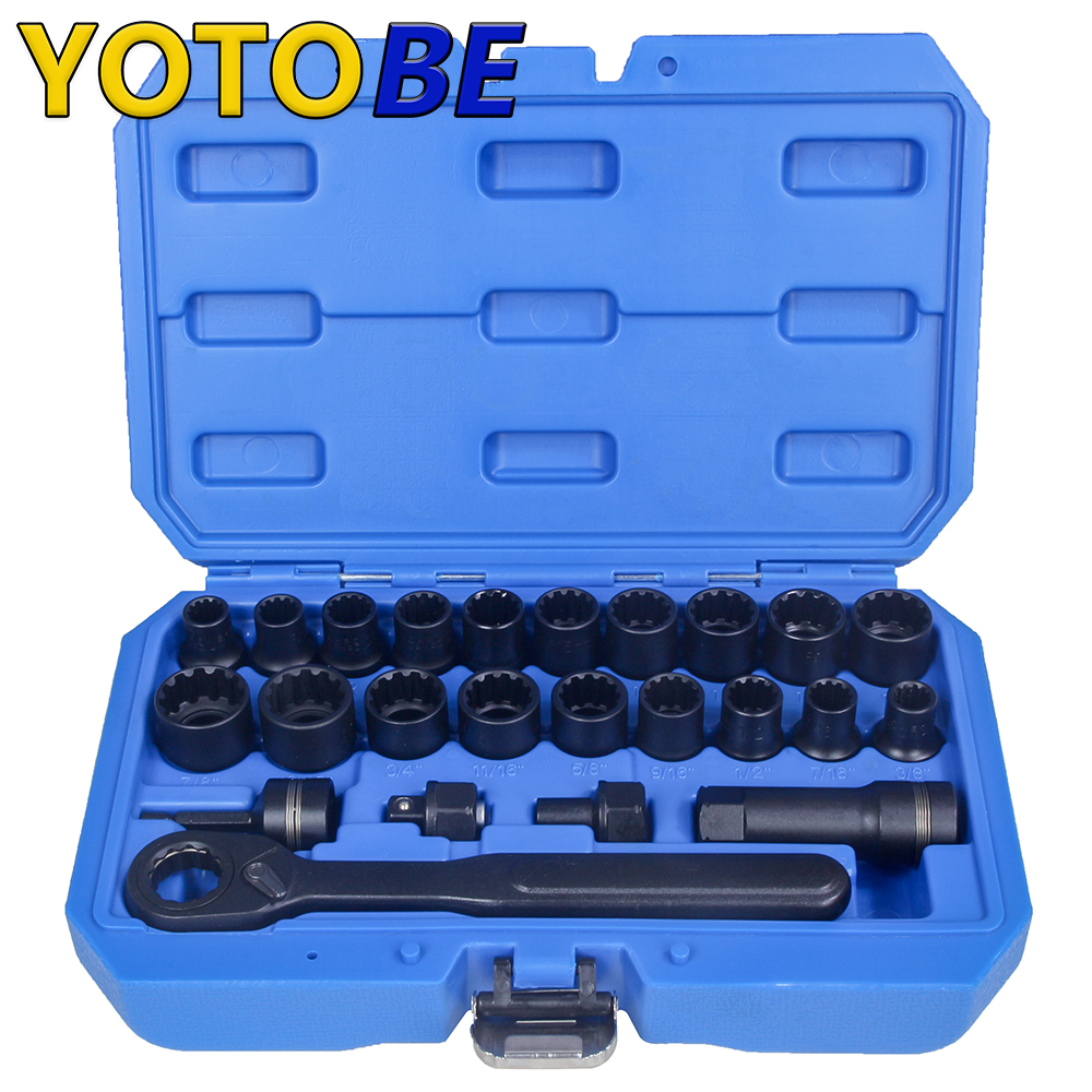 24PC スチール 12 ポイント六角ラチェット パススルーレンチ 10-19mm 3/8-7/8 インチ、長いシャフト付き、ネジの取り外しが簡単で耐久性があります。