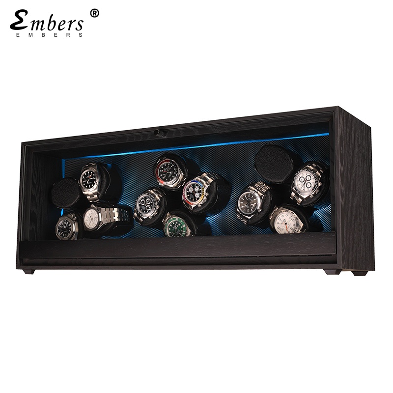 Embers 自動ウォッチワインダー 4/8/12 スロット ブラック木目調デザイン RGB ライト付き ロレックス パテック フィリップ ティソ用 - Watch Storag
