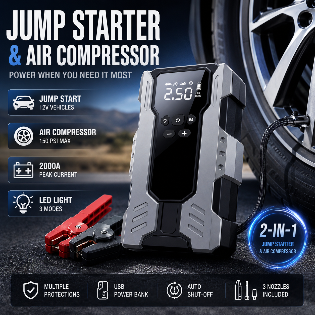 7-in-1多機能緊急スタート電源、エアポンプ付き、150PSLポータブルカーバッテリースターター、デジタルタイヤインフレーター、