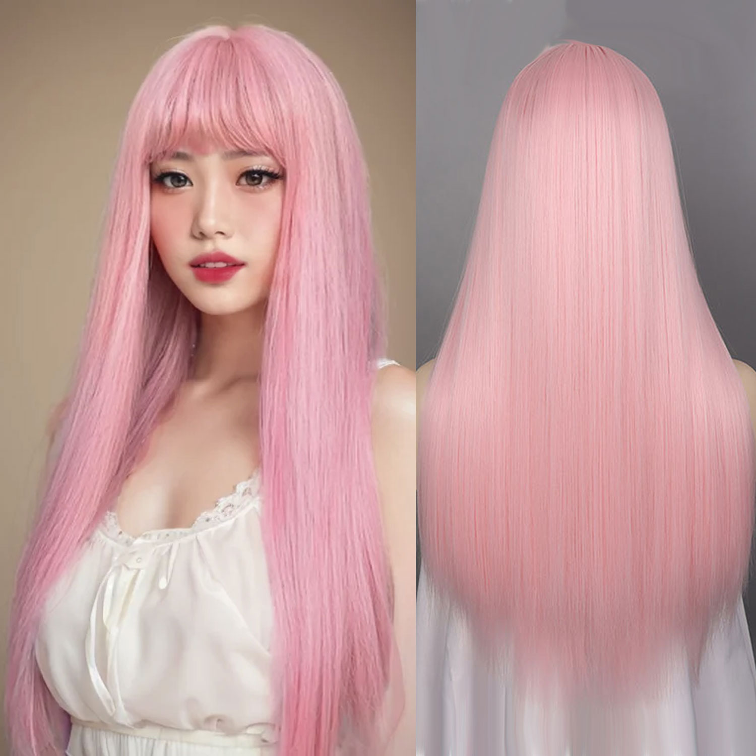 合成ストレートウィッグ前髪ロングシルキー耐熱ファイバーヘアフルマシンウィッグコスプレパーティーかつらファッション女性のための