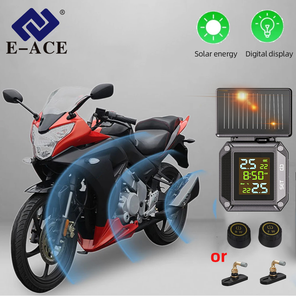E-ACE ソーラーオートバイ TPMS ワイヤレス圧力モニター 2 センサー付き防水 LCD ディスプレイ温度圧力警報バイク用