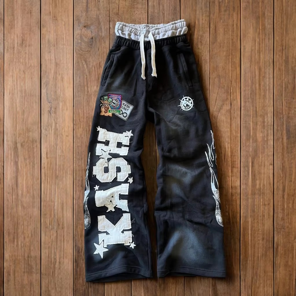 メンズアメリカンY2Kゴシックヒップホップスウェットパンツレターパッチ付きレトロ二重層だぶだぶ弾性ウエストジョギングカジュアルパンツ