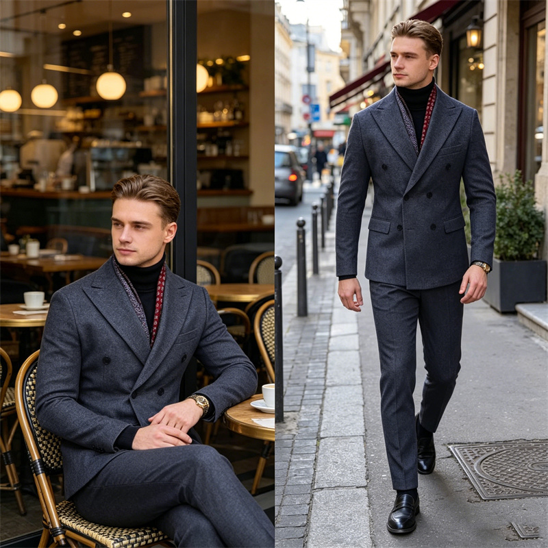 ウールブレンド メンズ スーツ 2 点セット（ジャケット パンツ） ダブルブレスト ラペル スーツ セット 結婚式 プロム ディナー 旅行 旅行 ディナー 宴会