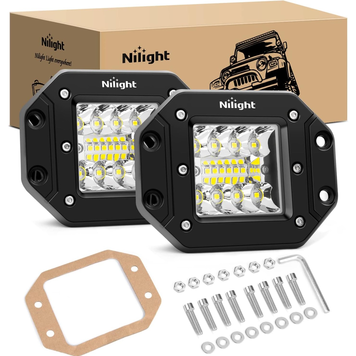 Nilight 2個 42W フラッシュマウント LED ライトポッド スポットフラッドコンボ バックアップ 逆運転ヘッドランプ バンパーグリルにマウント 4x4 オフロードトラック SUV用