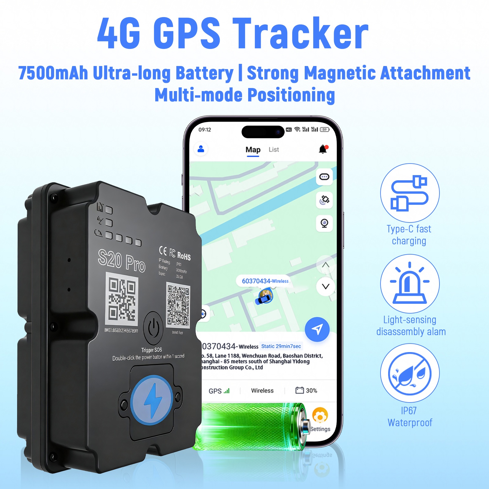 車両用4G LTE GPSトラッカー、米国販売者、磁気隠しカーロケーター、リアルタイム追跡、60日間連続バッテリー、10秒更新、SOSアラーム、ジオフェンスアラート、サービスプランが必要
