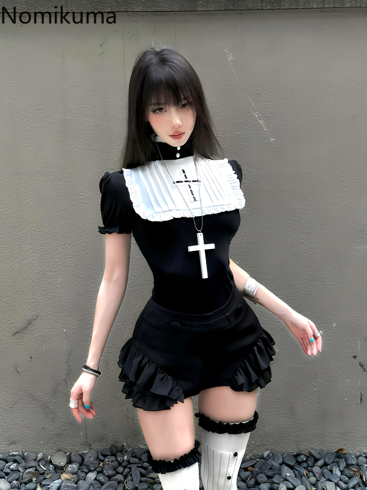 Y2k ツーピースセット 2026 婦人服パッチワークフェイク 2 トップスフリルハイウエスト黒ショートパンツ衣装夏ゴス 2 ピースセット