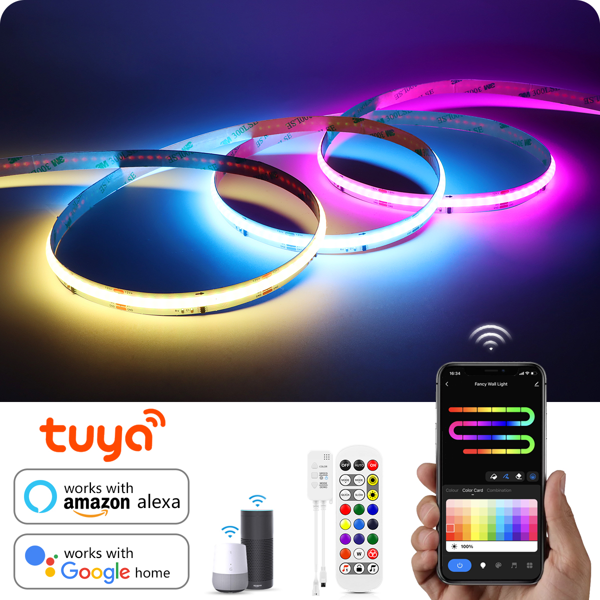 Tuya RGBIC RGB COB LED ストリップライト 12V 1 メートル 2 メートル 3 メートル 5 メートル Wifi 柔軟な調光可能な食器棚ワードローブ装飾ランプ Alexa Google ホーム用