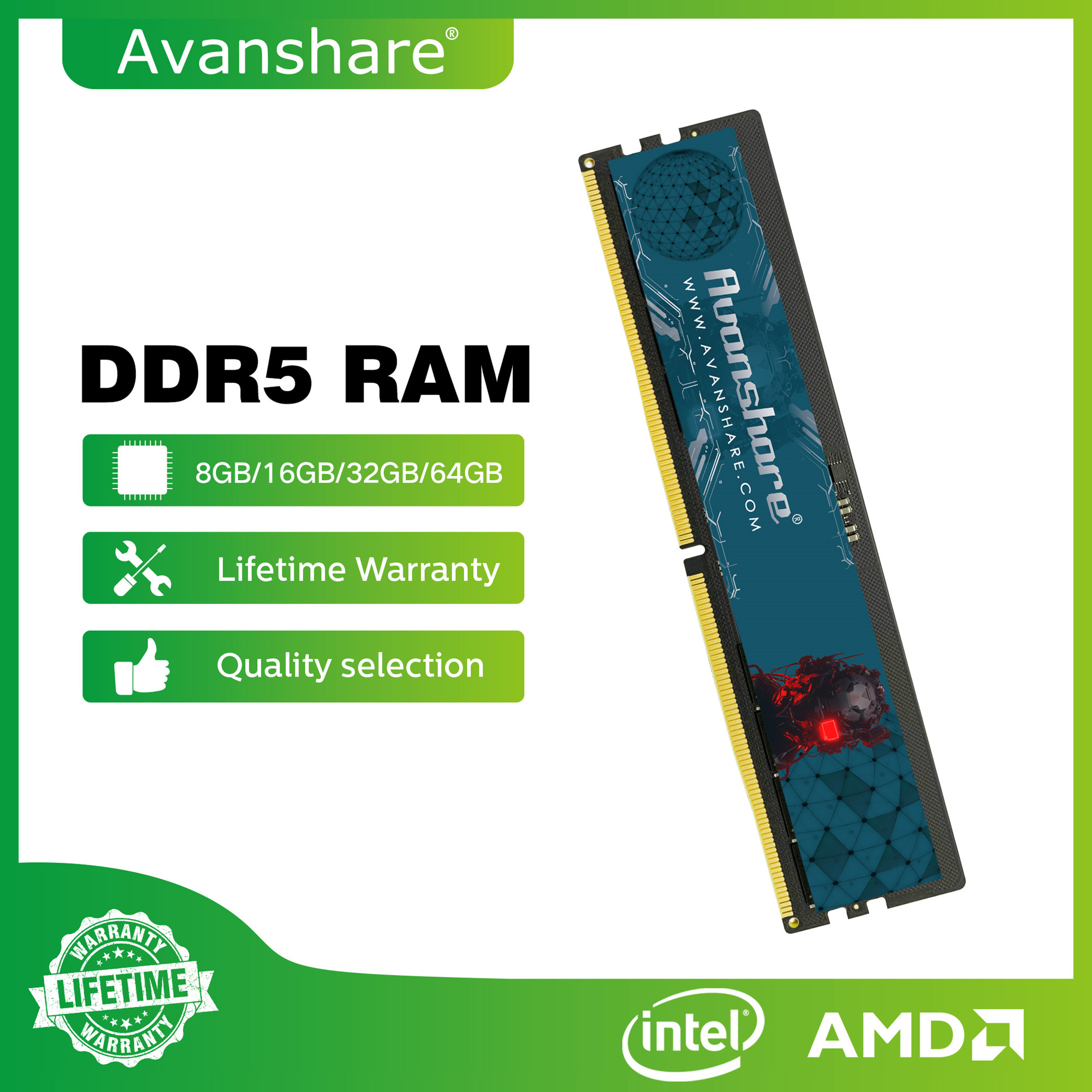 Avanshare RAMメモリ DDR5 DDR4 32GB 16GB 8GB 4800MHz 5600MHz 6400MHz デスクトップPCゲーミングメモリ Kingston/Samsung互換