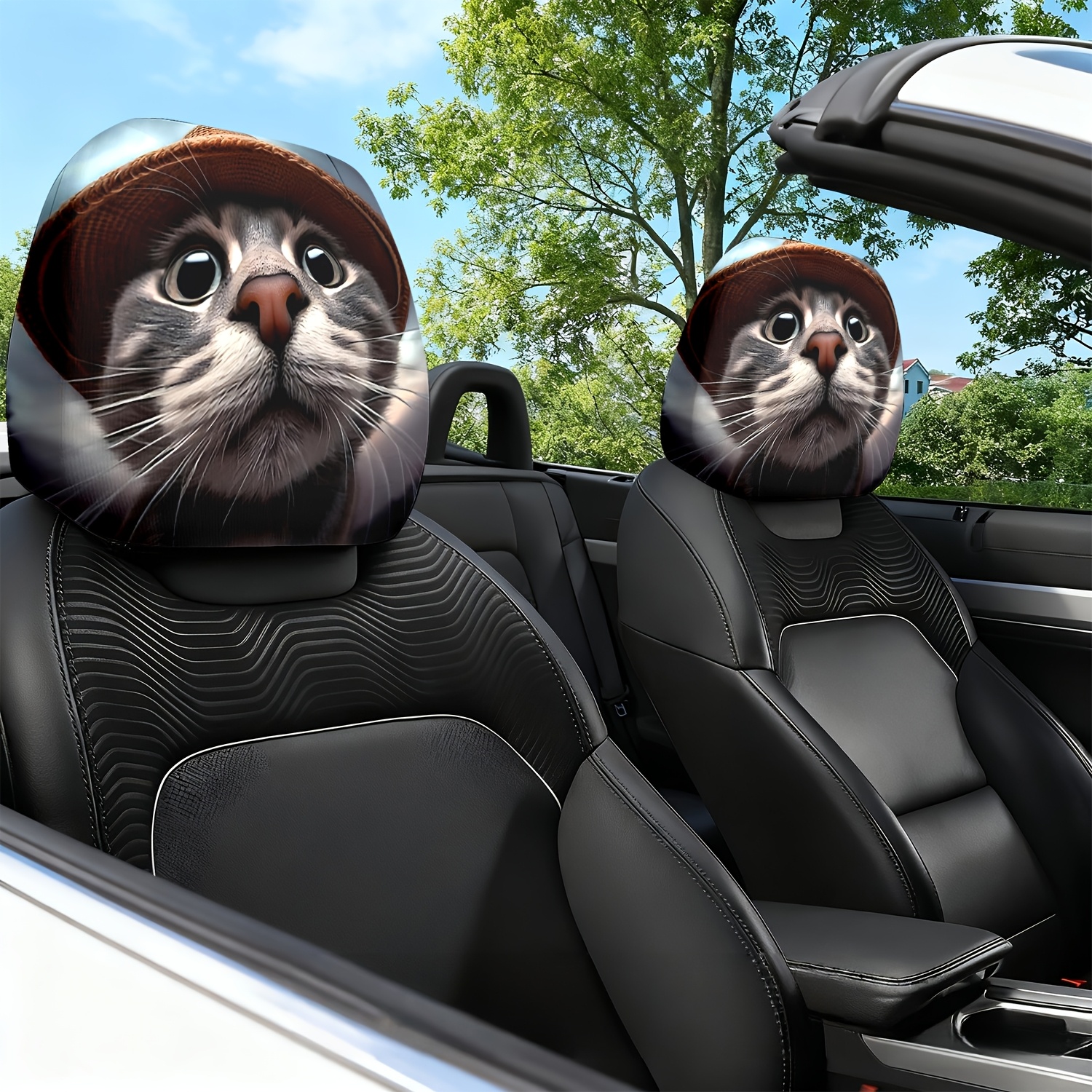 かわいいデザインの猫をテーマにしたプリントカーシートカバー 2 個 - ユニバーサルフィット、取り付け簡単、洗濯機で洗え、長時間のドライブにも最適