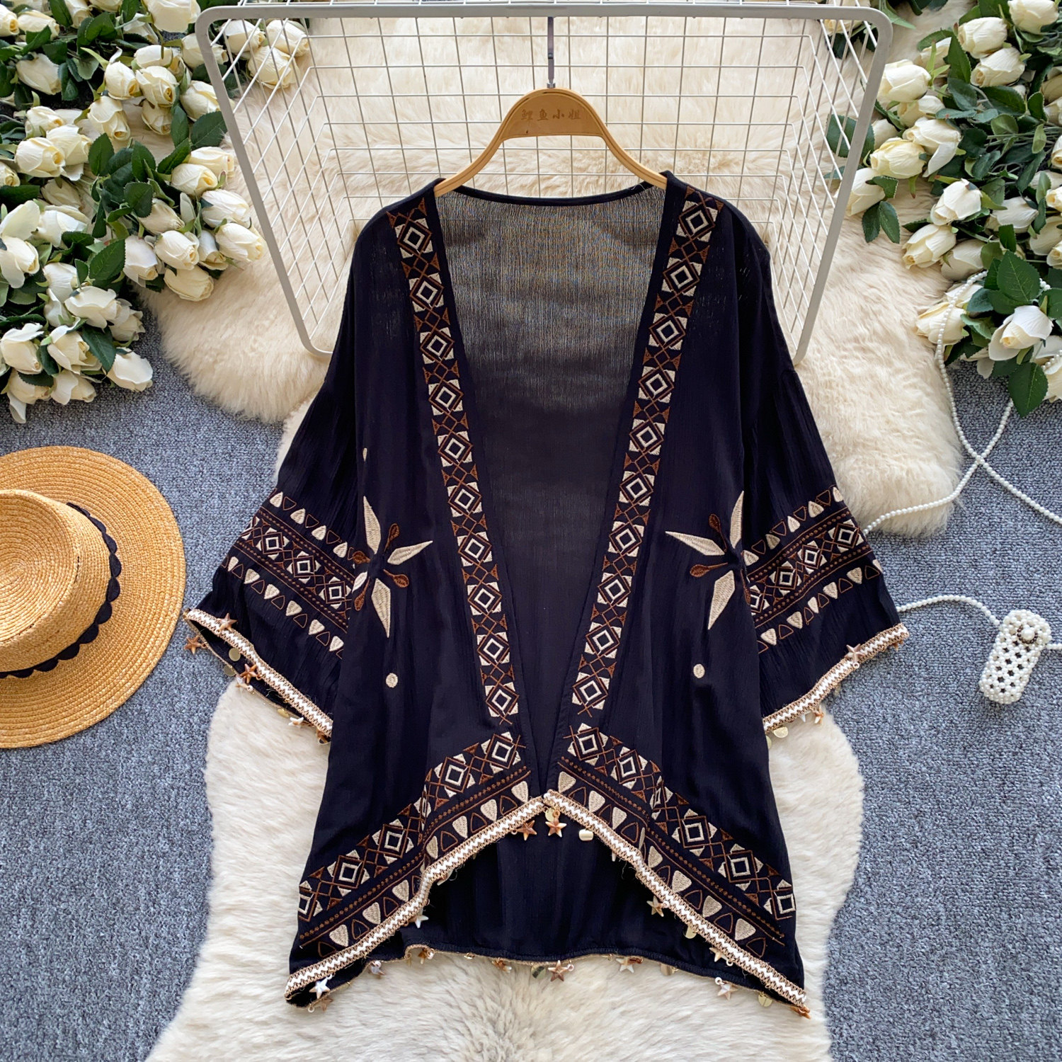 自由奔放に生きるシックな刺繍シャツ着物カーディガン女性夏軽量オープンフロントカバーアップタッセル女性トップ BL434