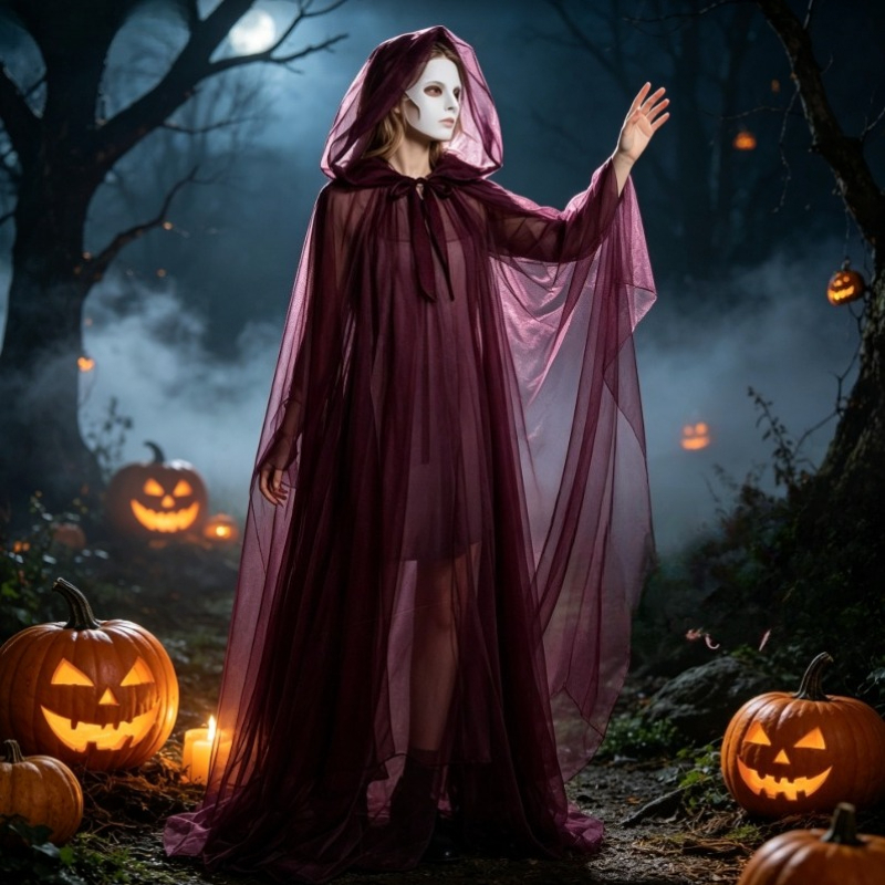 三層メッシュフード付きマントハロウィン魔女コスプレ衣装ステージ用