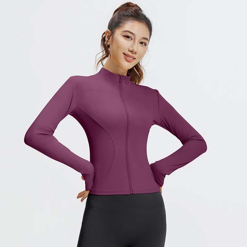 アウトドアスポーツジャケットランニングフィットネス長袖女性スリムヨガ服速乾ジッパーカーディガンスタンドアップカラースキニーコート