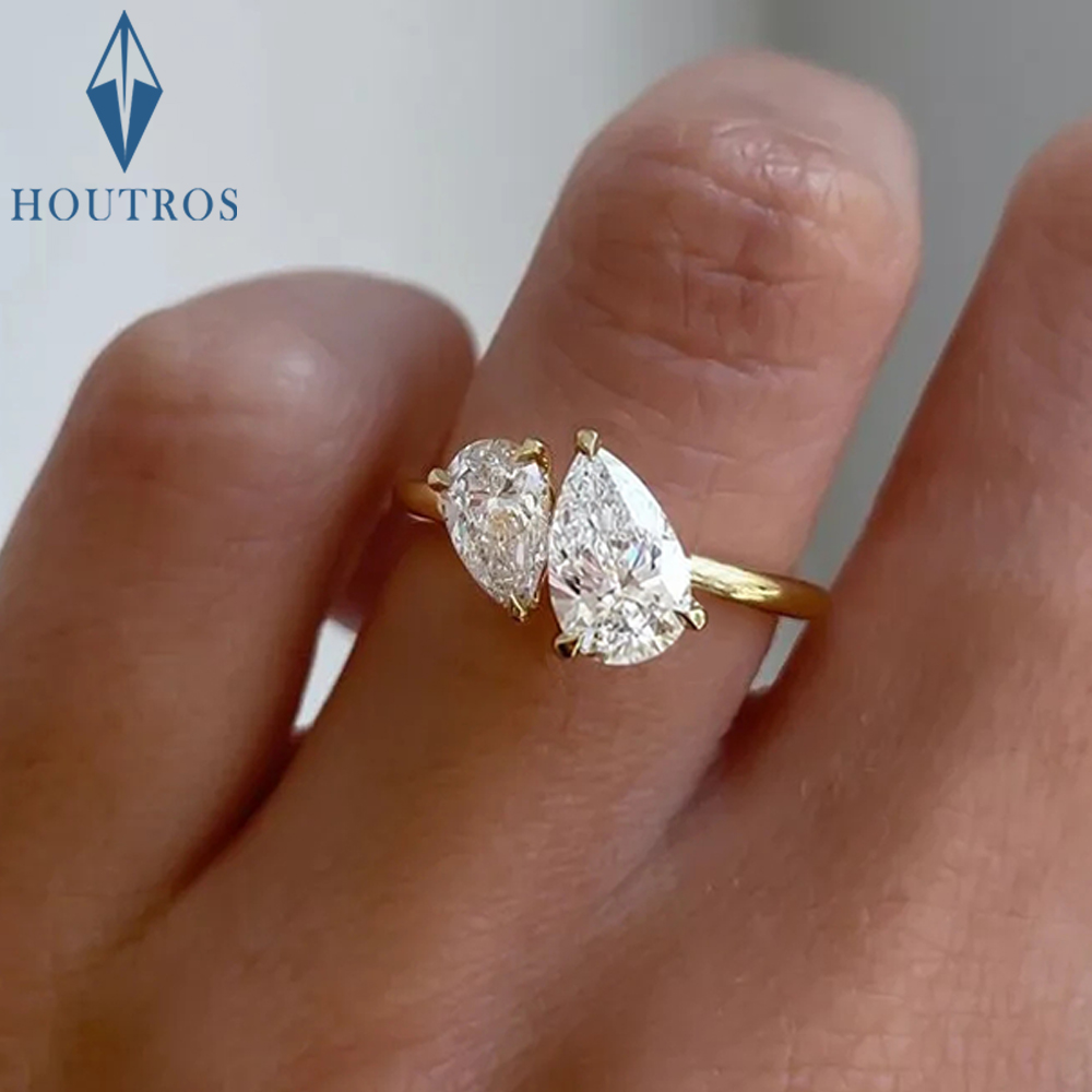 1.5cttw ダブルペアカット モアッサナイト ダイヤモンド リング 女性用 2 ストーン トワ エ モワ 結婚指輪 925 シルバー 18k ゴールド メッキ ジュエリー