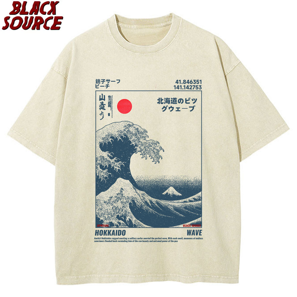 T416 和風北海道波ヴィンテージ Tシャツ男性女性原宿ファッション高品質 Tシャツ特大綿夏 Tシャツ