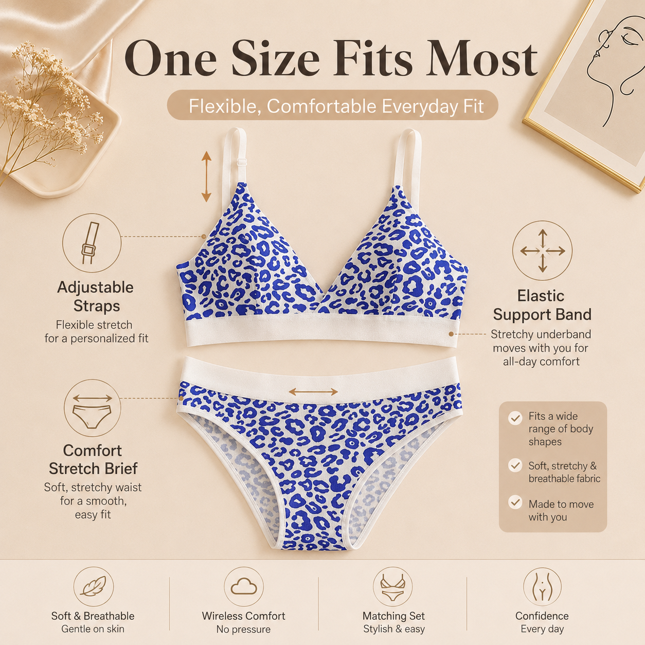 ヒョウ柄の女性のブラジャーセットワイヤレス Bralette パンティセット調節可能なショルダーストラップランジェリーフリーサイズ