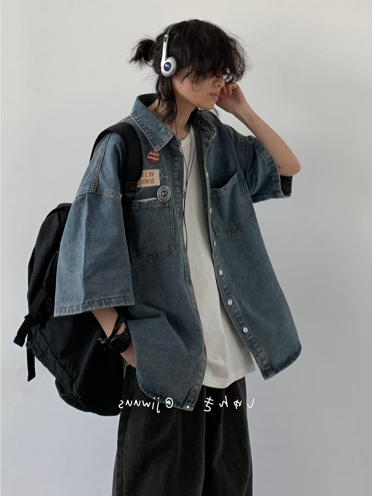 American Cityboy ウォッシュドデニム半袖シャツメンズ多用途ルーズフィットシャツデニムジャケットトレンディコート