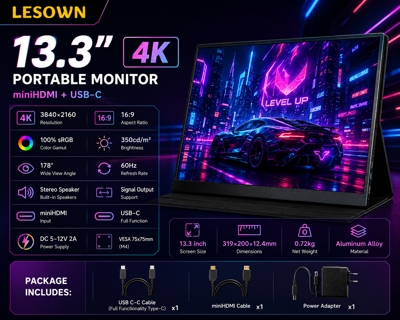 LESOWN 13.3 インチ ポータブル ゲーム モニター Ultra HD ドライバー不要のデュアル ディスプレイ PS5 用 ミニ HDTV 付き