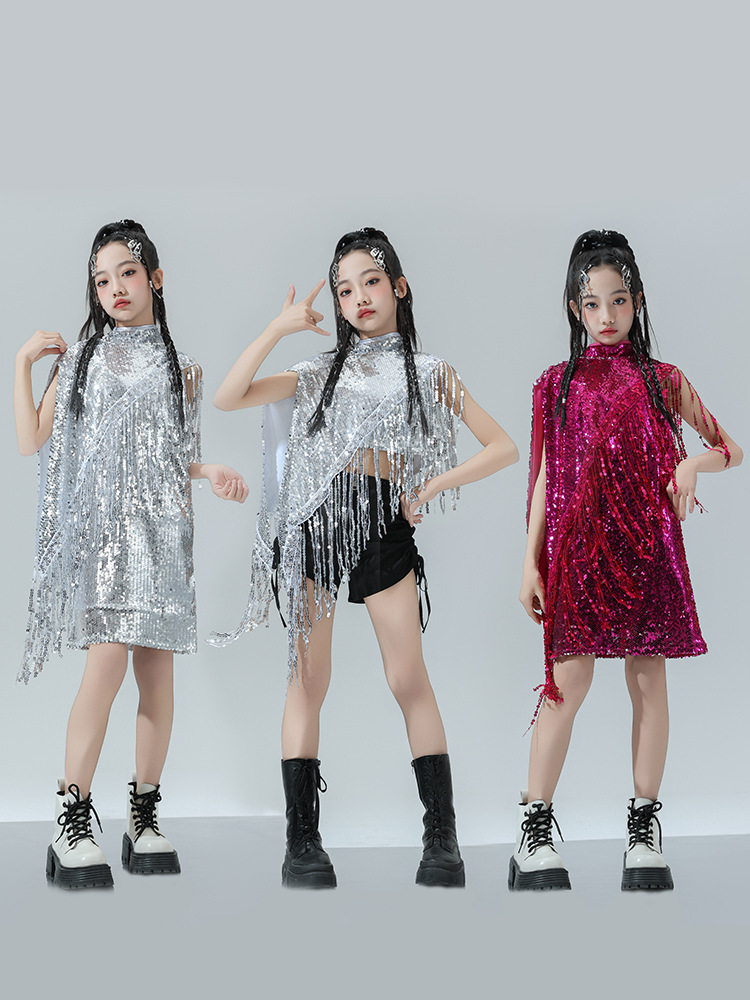 女の子スパンコールヒップホップ衣装スパンコールベストスパンコールショールスパンコールサスペンダースカート子供用ジャズ服ストリートダンスステージセット