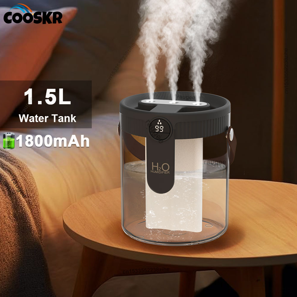 1.5L 空気加湿器大容量家庭用加湿器サイレントミストメーカー 1800mAh バッテリー USB 充電式加湿器 LED ライト付き