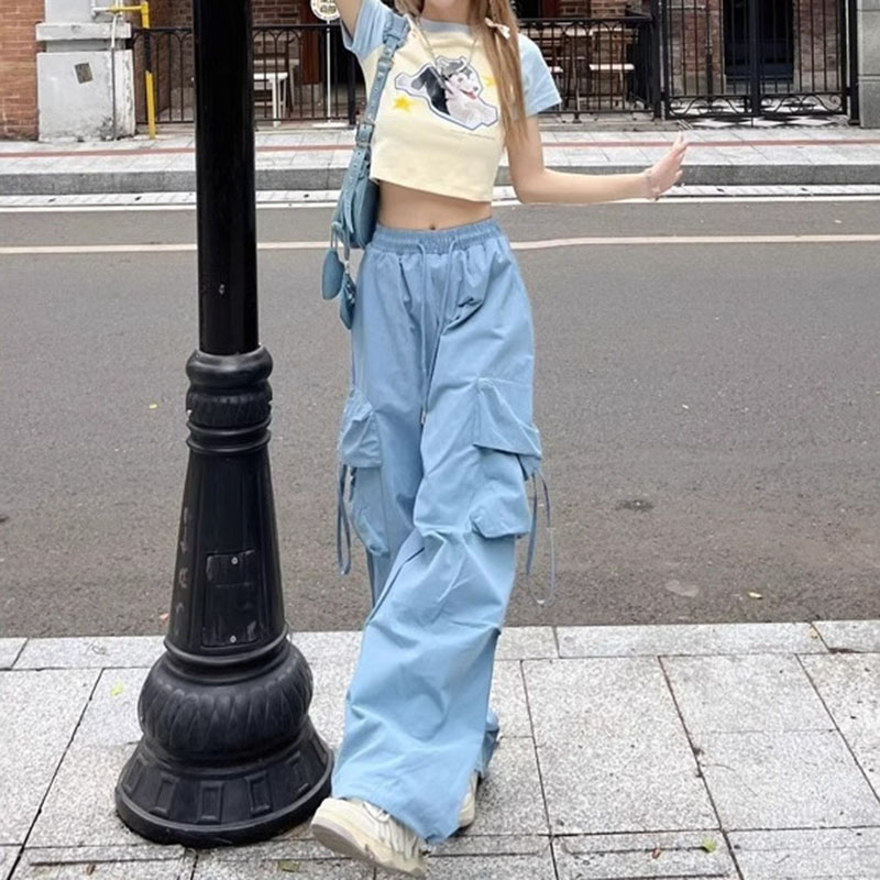 アメリカンレトロな女性の作業服パンツ速乾性夏ハイウエストストレートレッグワイドレッグルーズカジュアルフロアレングスパンツ