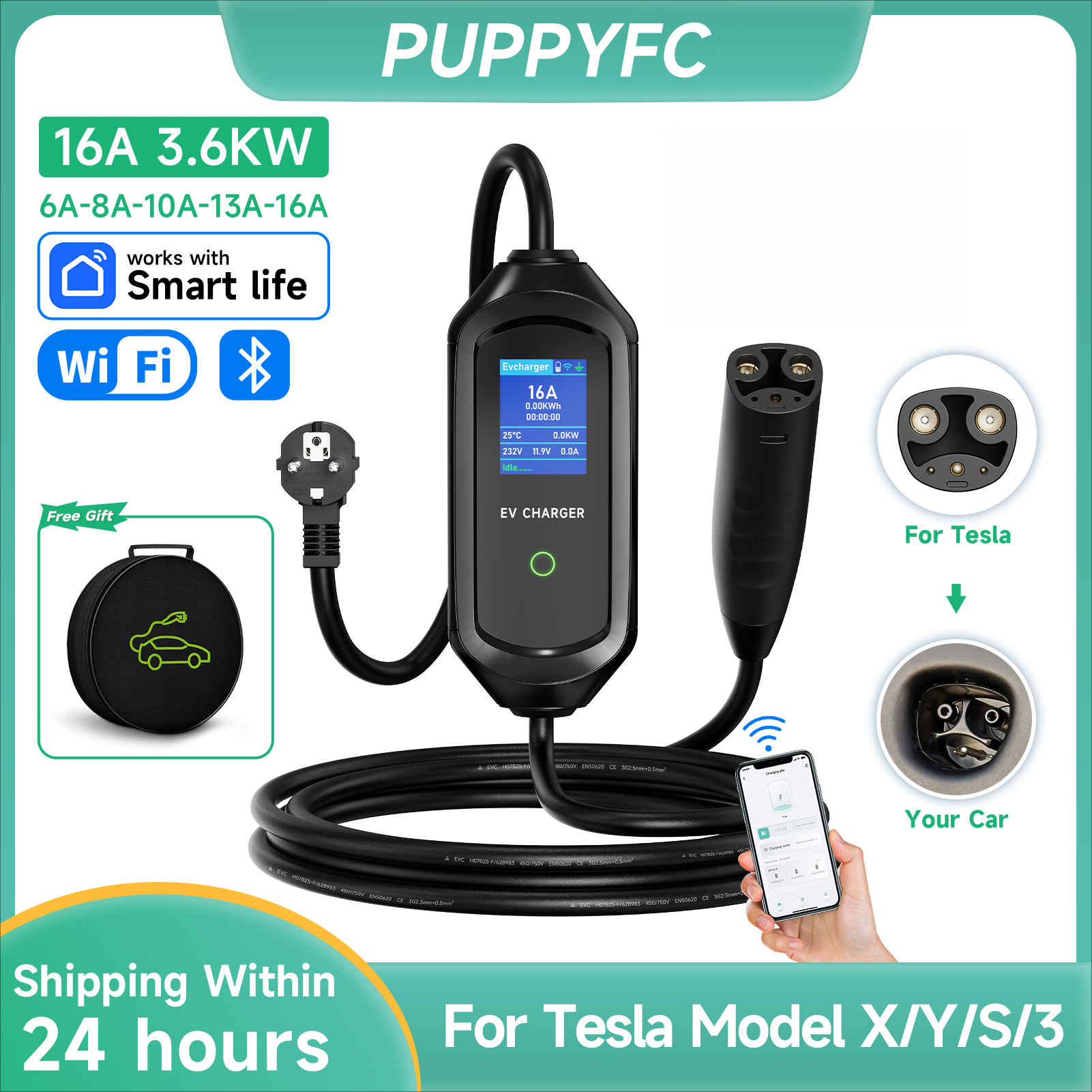 Puppyfc 16A/32A ポータブル EV 充電器 テスラモデル X/Y/S/3 EU US プラグ電気自動車ボックス CEE 認定高速家庭用充電