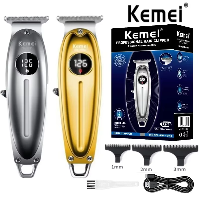 Kemei KM-1948 ゴールデンプロヘアトリマー LED ディスプレイ金属バリカン USB 充電電気メンズバリカントリマー