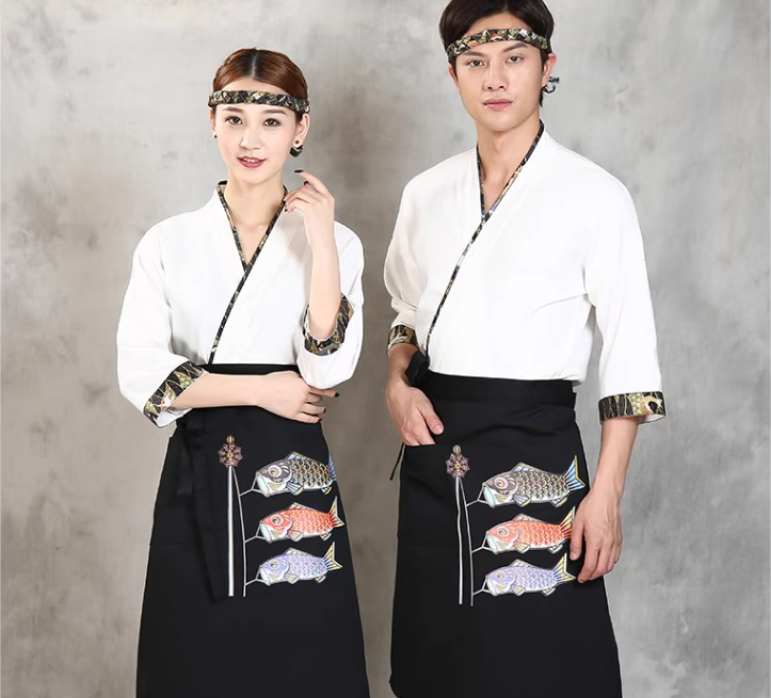 日本人シェフ着物シャツコックジャケット男性女性春寿司制服作業レストラン白