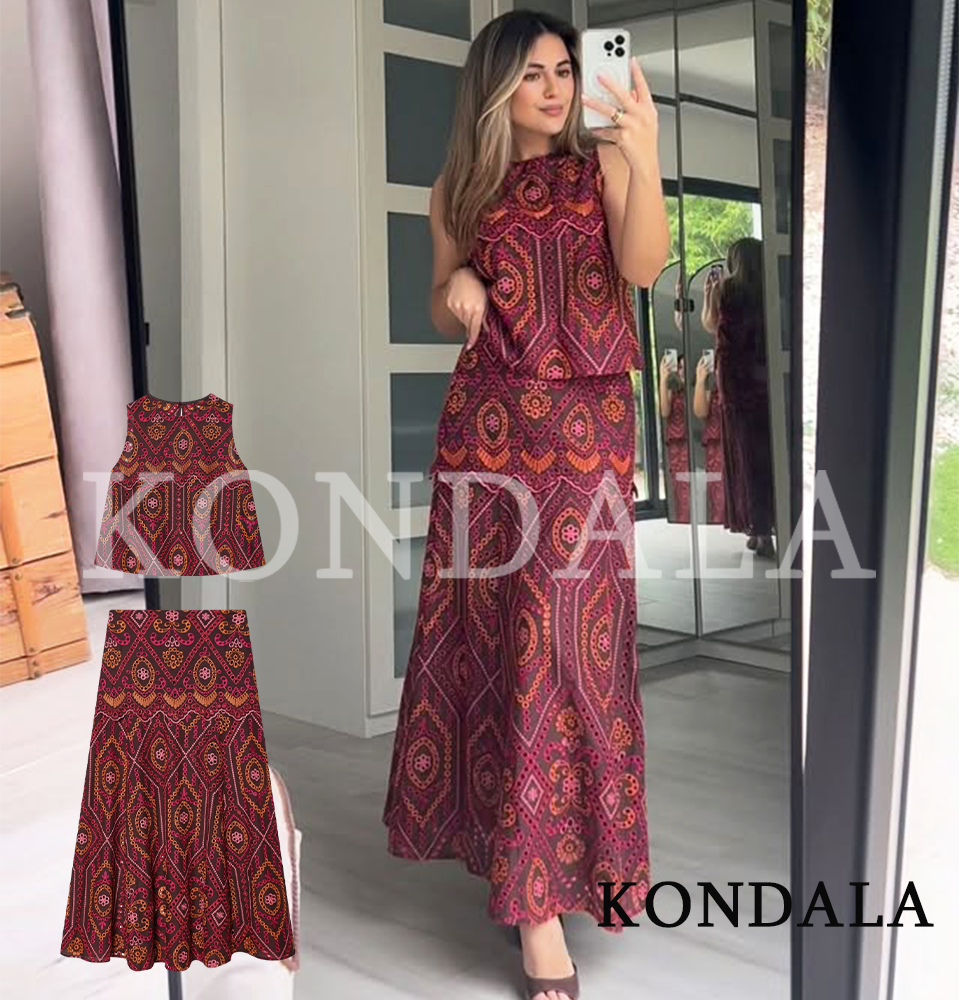 KONDALA 女性シックな刺繍スカートセット休暇トレンディな中空花タンクトップセット 2026 夏のファッションレディースエレガントなスカートセット