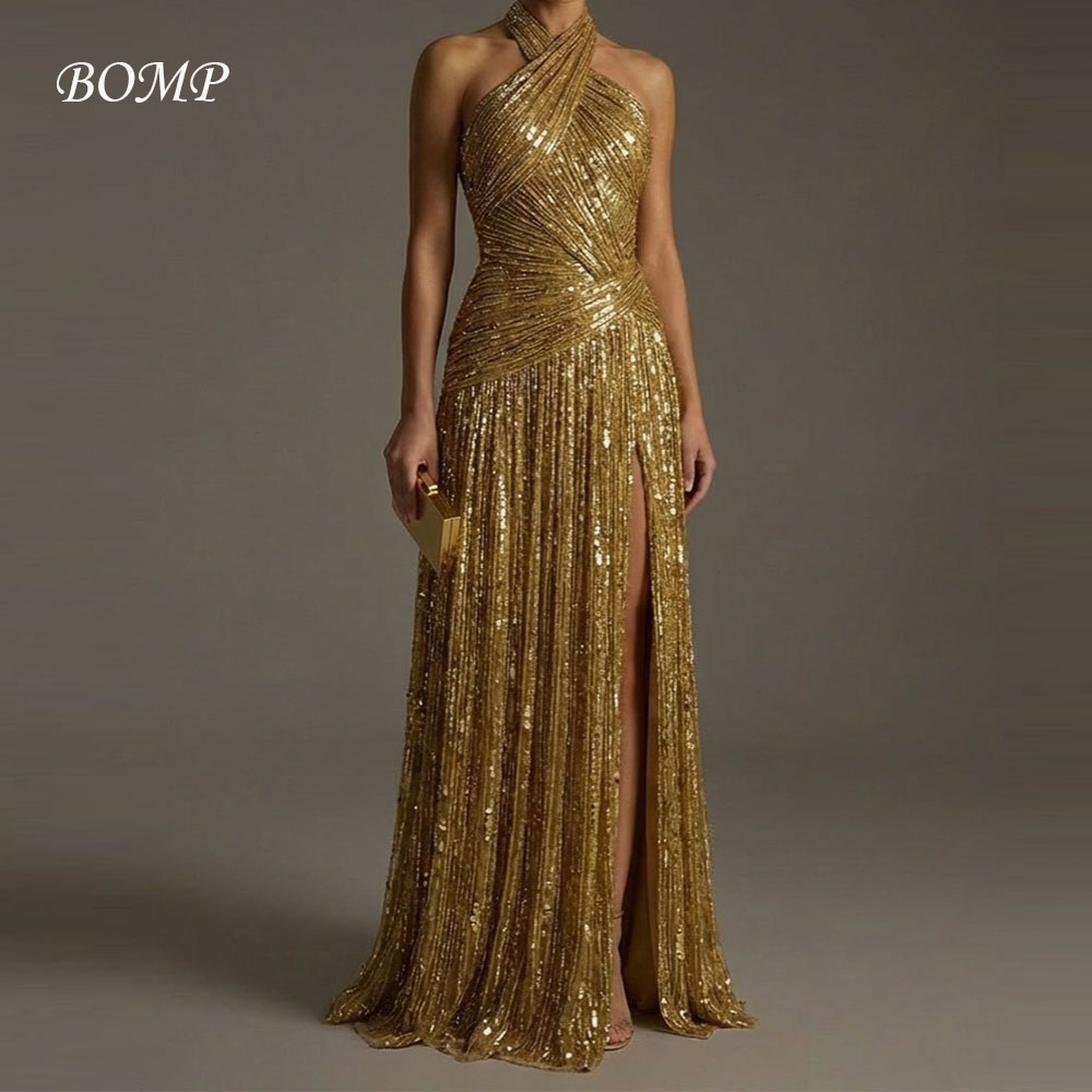 BOMP Sparkly Gold A-Line Prom Dresses Halter Vestidos Criss-Cross Gowns فساتين سهرات High Side Split Customized