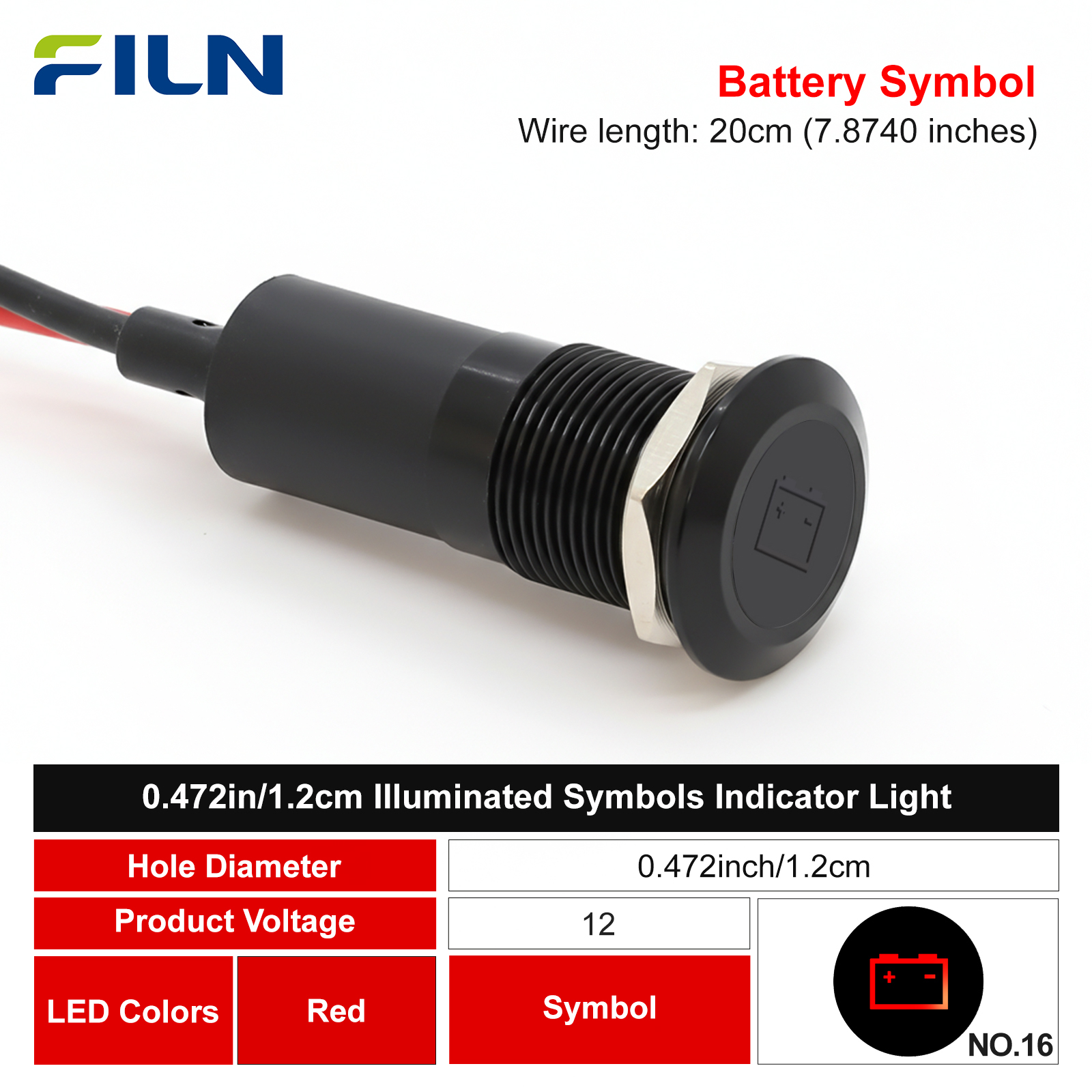FILN 12 ミリメートル車のダッシュボードバッテリーシンボル LED 赤黄白青緑 12v Led インジケータライト 20 センチメートルケーブル