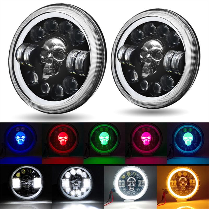 1 個アングルアイ 7 インチスカル H4 カラフルな点滅 DRL ラウンドハローリング 12V 24V LED ヘッドライトジープトローラー Fusca Beetle コンビ用
