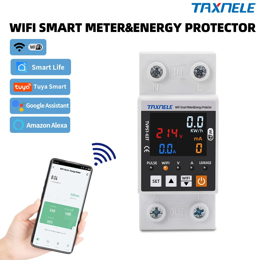 SmartLife TUYA WIFI 63A サーキットブレーカー漏電過不足電圧保護プロテクターリレースイッチエネルギー kWh メーター