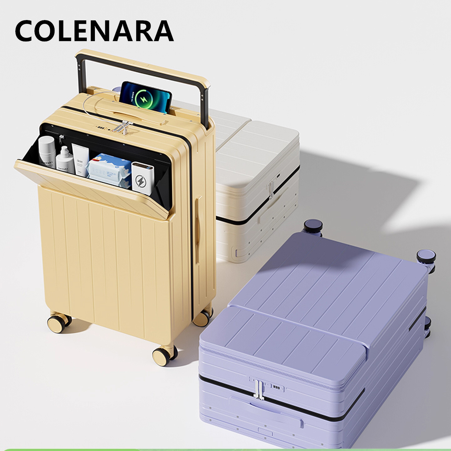COLENARA Multifunctional Suitcase Charging Boarding Case Front Opening Laptop Trolley Case 20"22"24"26 Inch Cabin Luggage