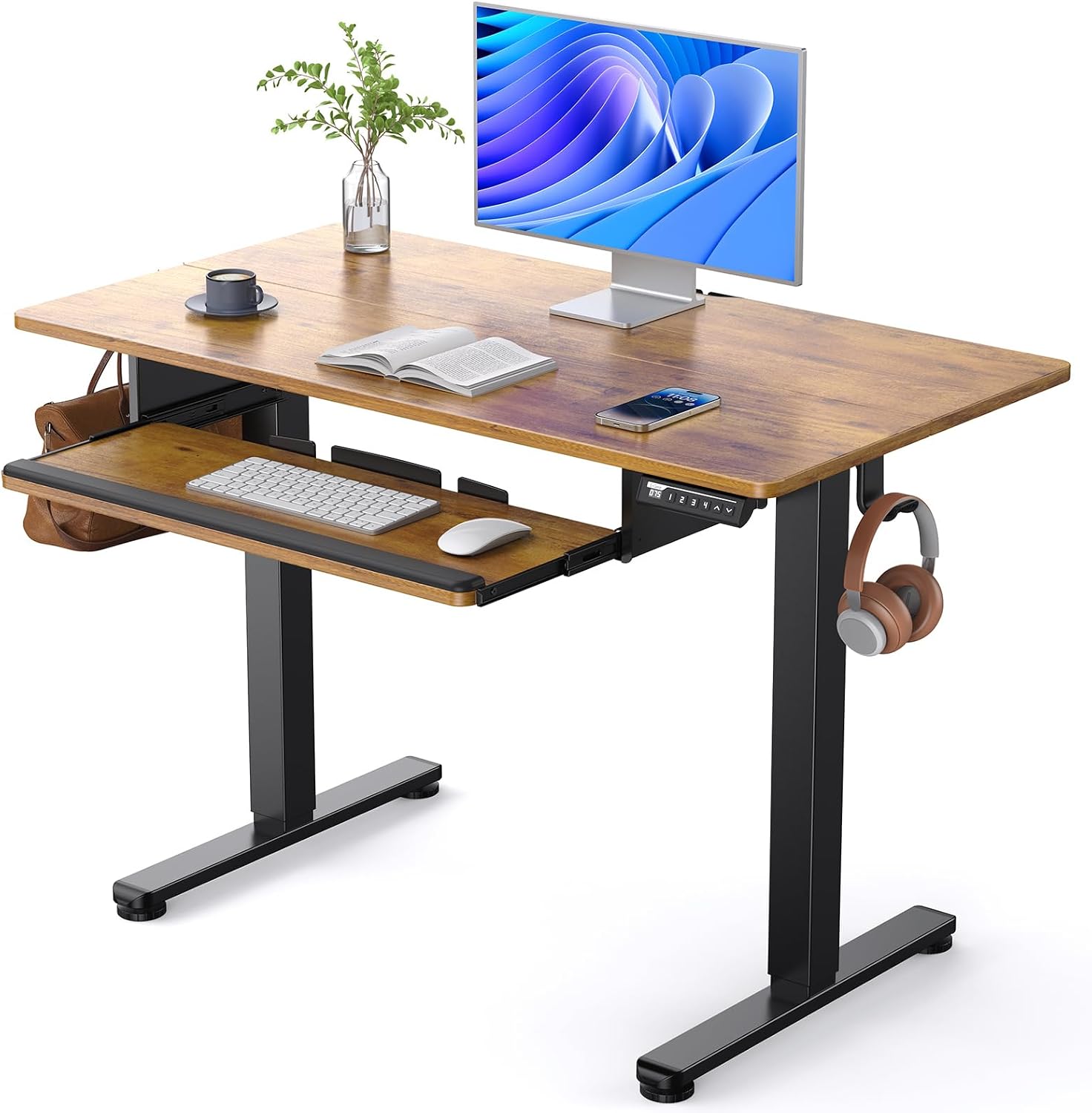 電動スタンディングデスク キーボードトレイ付き 44x24インチ 高さ調節可能 シットスタンドデスク ホームオフィス ヴィンテージブラウン