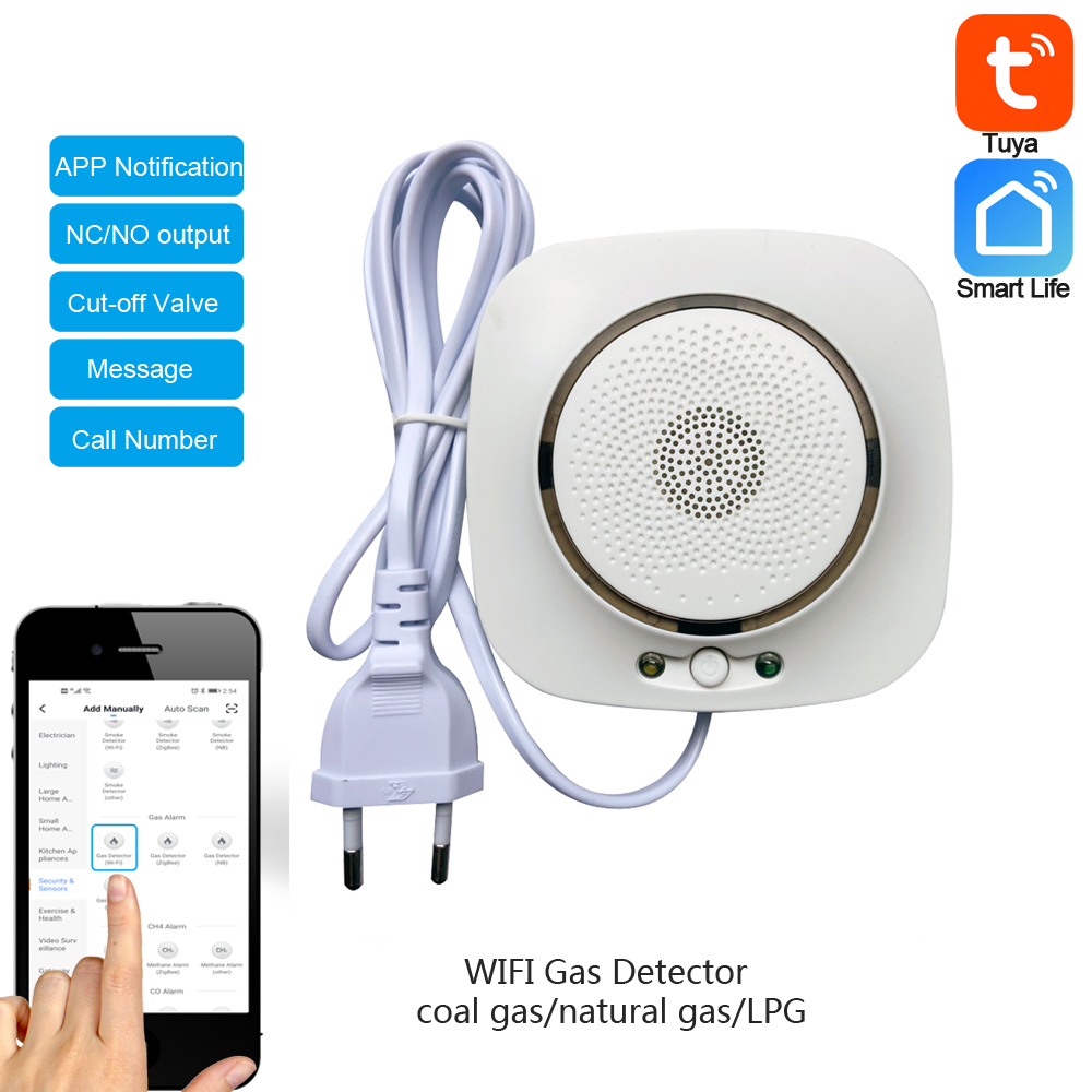 90-220Vac EU プラグ WIFI 天然ガス検知器 Tuya アプリプッシュメッセージ石炭ガスセンサー LPG アラーム NC/NO リレーシャットオフ DN10/15 バルブ