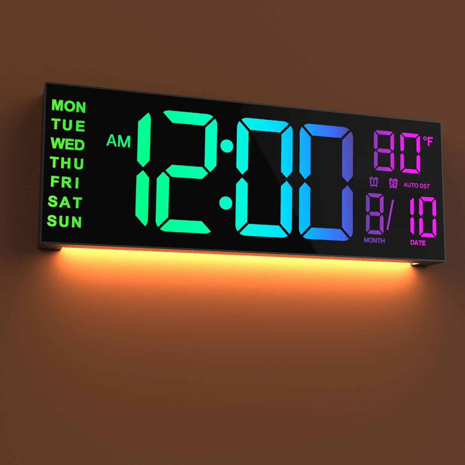 16 インチ大型デジタル壁時計、リモコン、タイマー、大きな LED スクリーン表示付きアラーム、8 RGB 色、自動 DST、温度