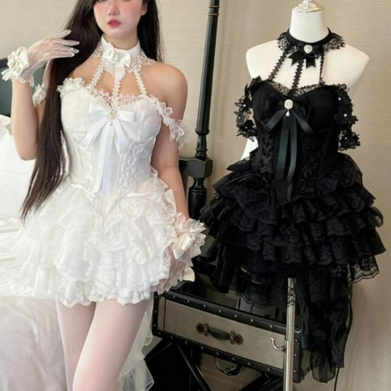 日本のビクトリア朝の甘いロリータドレス女性原宿 Y2k 弓レースホルターネックイブニングパーティーミニドレスかわいい黒赤 Deess