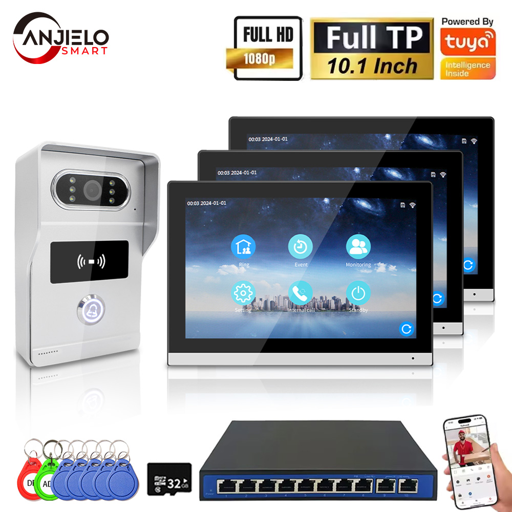 ANJIELO 1080P Tuya 10 インチ IP ビデオインターホンシステムタッチスクリーン Wifi POE 有線ドアベルヴィラフラット RFID アクセス制御