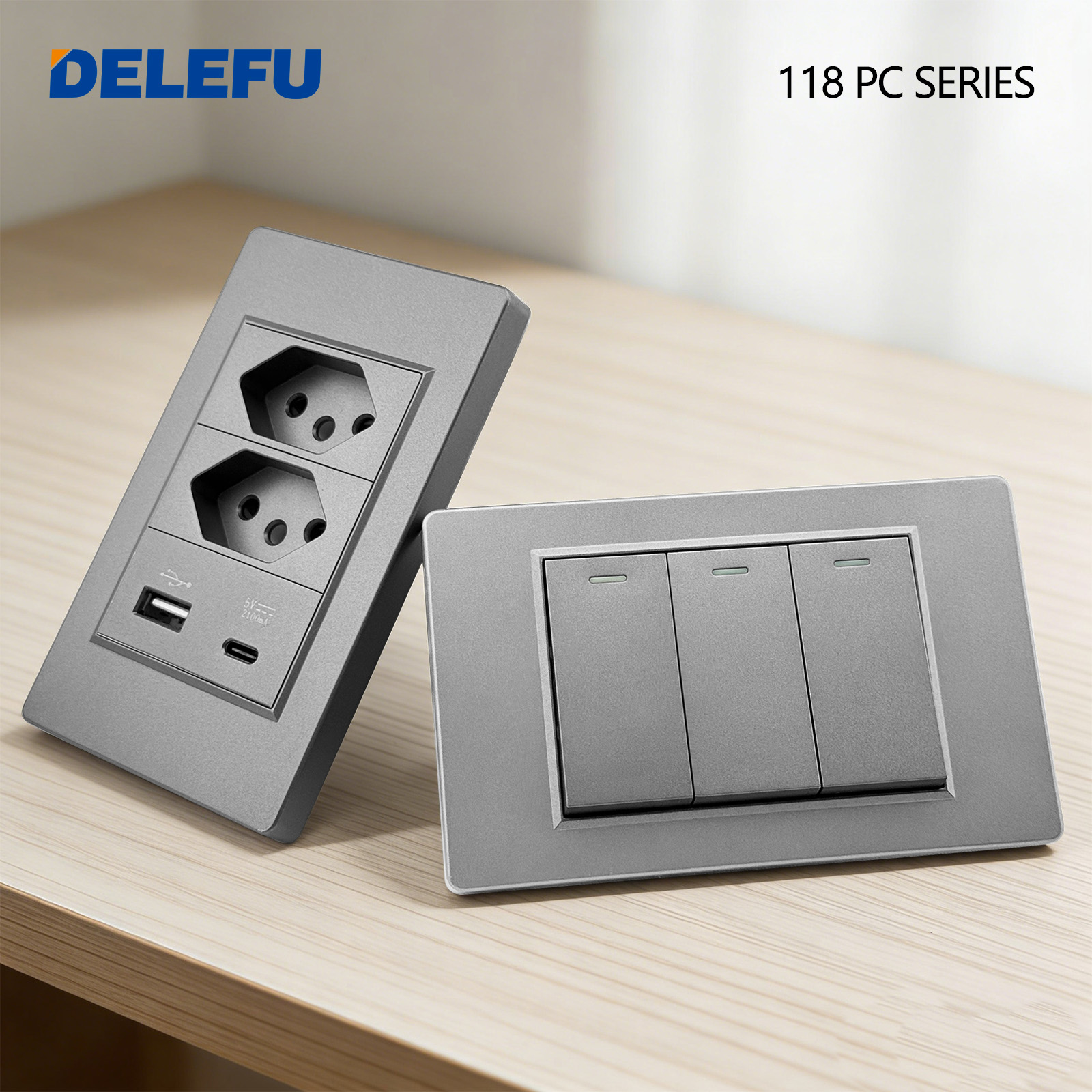 DELEFU グレー PC パネルブラジル標準壁電源ソケットダブル USB タイプ C コンセントライトスイッチホームオフィス電気プラグ 10A 20A