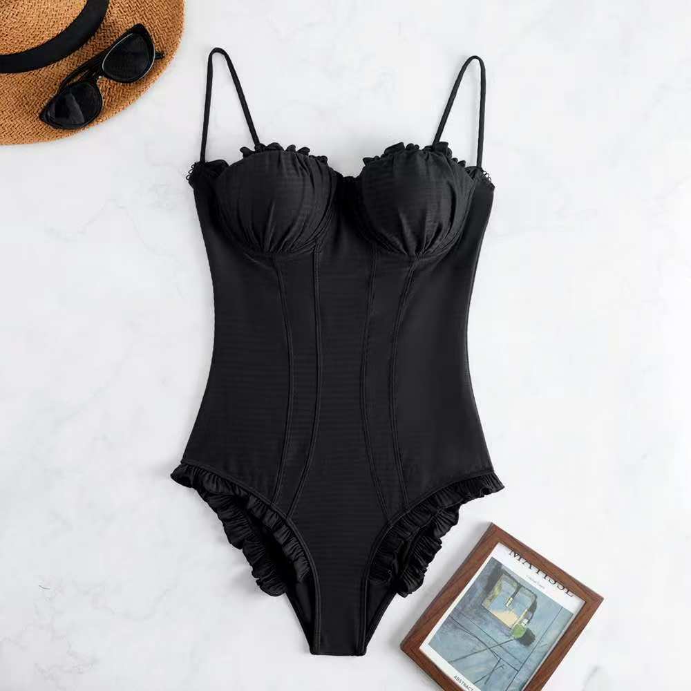 プッシュアップワンピース水着女性 2026 水着女性スリム水着夏のビーチウェアフリルモノキニ水着黒