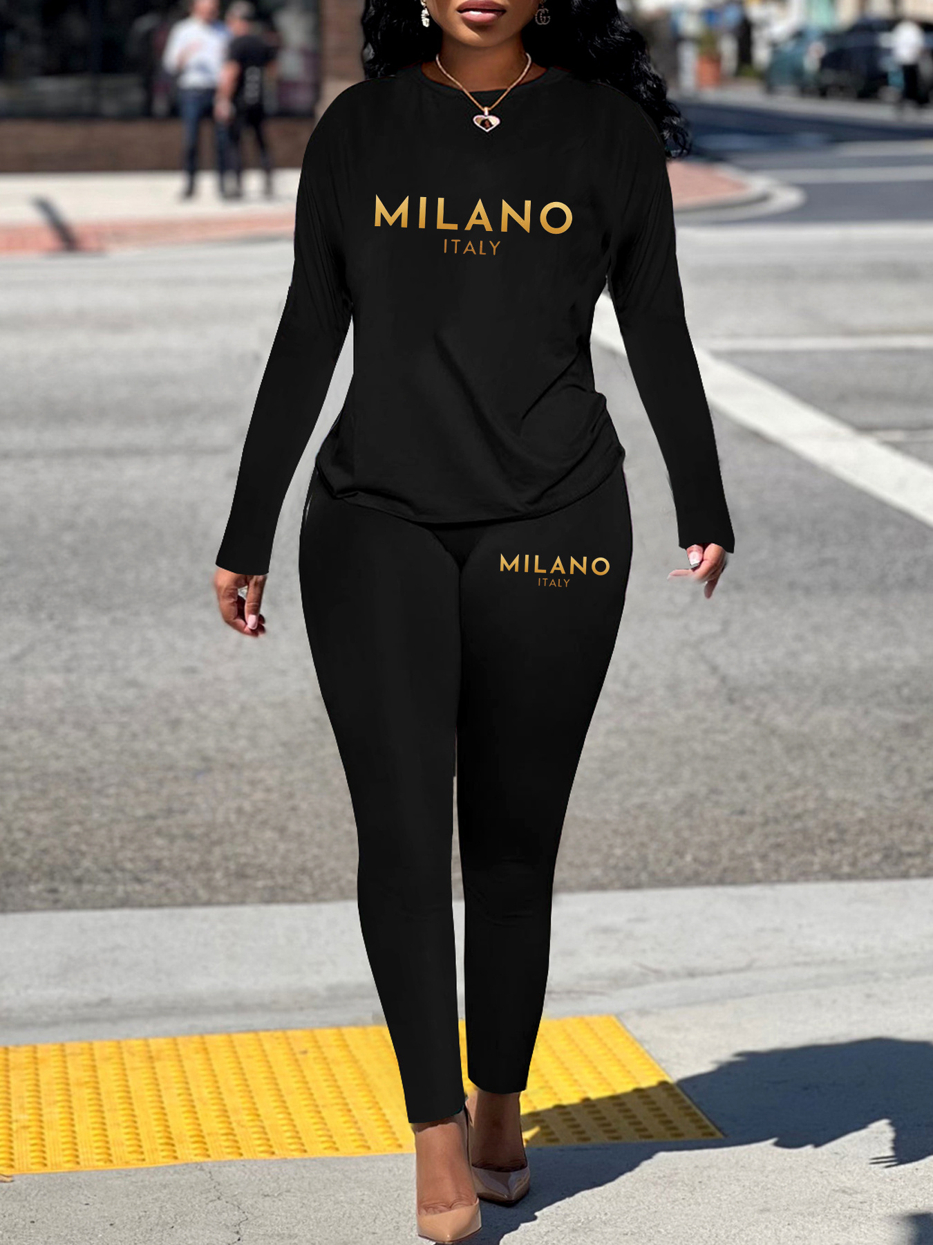 レディーススポーツ衣装セット、プラスサイズMILANOプリント長袖Tシャツトップ