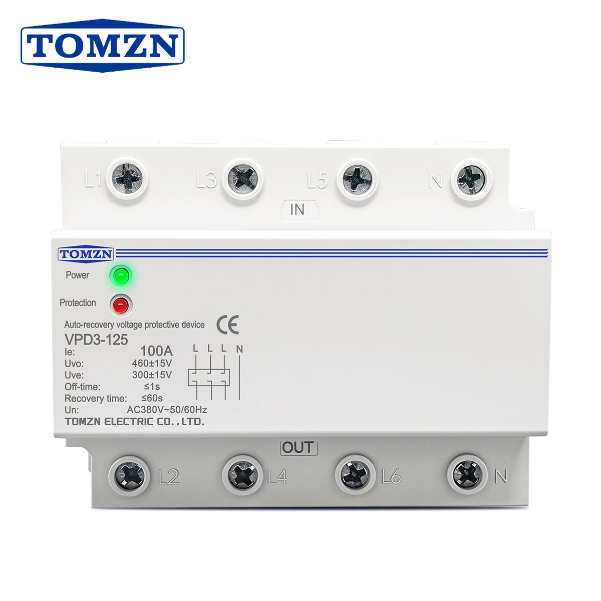 TOMZN VPD3 100A 380VAC 3 相 4 線式 DIN レール自動回復過電圧および不足電圧保護保護リレー